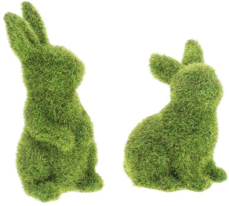 VICASKY Easter Moss Bunny Decor: 2Pcs Green Flocked Rabbit Figurines - Artificial Grass Topiary Sculpture for Spring Table Centerpiece & Outdoor Garden Yard Shelf Decorations
