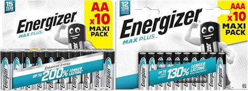 Energizer Max Plus - Piles AA + AAA (Lot de 20) - Alcaline 1,5V - Idéales pour Les appareils du Quotidien - Emballage 100% Recyclable
