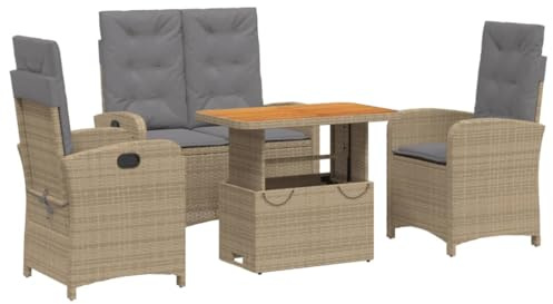 pokgdf 4-TLG. Wetterfeste PE Rattan Garten-Essgruppe mit Verstellbarer Rückenlehne, Gartensessel mit gepolsterten Sitzkissen und verstellbarem Gartentisch von Couchtisch zu Esstisch