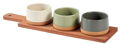 Carousel Home 4-piece Stoneware Dip Bowls and Tray Set, 3 Snack Bowls with Wooden Serving Tray, Nibbles Serving Platter