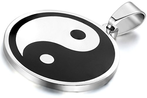 Flongo Edelstahl Anhänger Halskette Silber Schwarz Tai Chi Yin und Yang Polished Herren,mit 55cm Kette