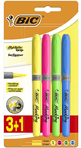 BIC Highlighter Grip Textmarker mit abgeschrägter Spitze, ideal für Schulbedarf, mehrfarbig, Blisterpackung mit 4 Stück