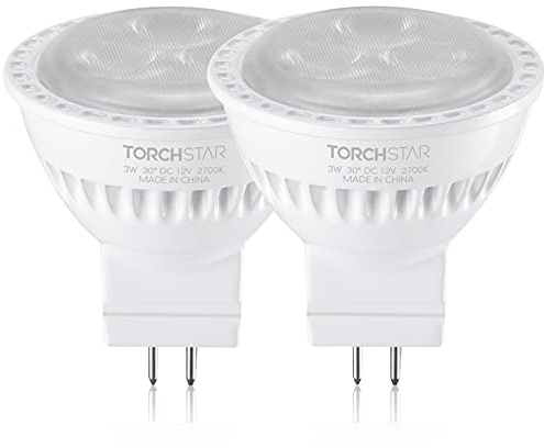 TORCHSTAR LED MR11 Bulbs, 25W Halogen Equivalent, 3W 2700K Soft White, Non-Dimmable, Outdoor Landscape Lighting Bulb, GU4 Base Spotlights, AC/DC 12V Low Voltage Recessed Track Lights, Pack of 2