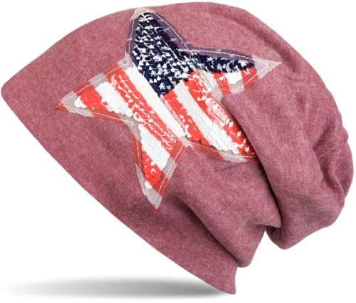 styleBREAKER Unisex Beanie USA Pailletten Stern Kopfumfang bis 60cm | Slouch Longbeanie. elastisches Material. Bundweite 26cm. Höhe 26cm. Einheitsgröße. weiche Haptik.