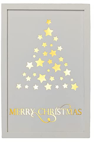 Hellum LED Bild aus Holz, Weihnachtsbaum beleuchtet mit Leuchtbuchstaben Merry Christmas, weiß, 10 warm-weiße LED Hängen oder Stellen Weihnachtsdeko Adventsdeko Wohnzimmer 20x30x2,5cm, 521689