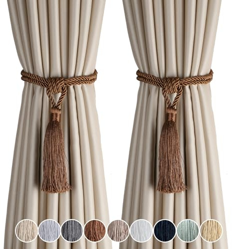 Fenghuangwu Curtain Tiebacks Tassel Tie-Backs, Rope Curtain tie Backs Handmade Curtain Holdbacks Made from Polyester (Coffee, 2p)