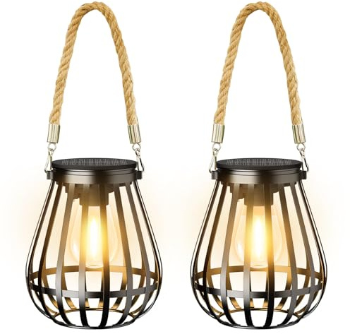 RECHOO Solcellslampor för trädgård och terrass, 2 stycken metallhängande sollykta med större LED-glödlampa, IP65 vattentäta solcellslampor för utomhusbruk