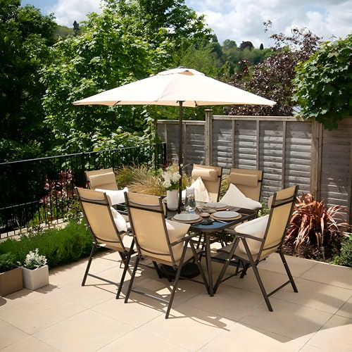 Hectare Polytex 6 Seater Metal Garden Furniture Outdoor Dining Set with Reclining Chairs and Parasol in Mocha
