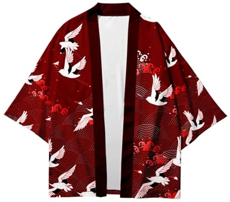CIZEUR Camicia Kimono T Shirt Uomo Maniche 3/4 Cardigan Giacca Top Casual Camicetta Vintage Elegante Estiva Coppia, L Vino Rosso