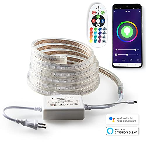 Ahorraluz Tira Led 220v RGB con Alexa y Google Home. WIFI (App) y Mando a distancia 16 colores IMPERMEABLE IP67 Waterproof IP67 Strip (1 Metro)