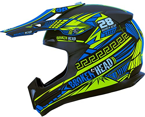 Broken Head Crosshelm Division MX - Neon-Gelb-Türkis | Ultra Leichter Motocross & Supermoto Motorradhelm, ca. 1.050 g, Fiberglas, 12 Belüftungen, Doppel-D-Verschluss