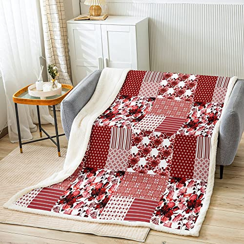 feelingyou Couverture polaire patchwork bordeaux, couverture à imprimé floral rouge pour homme adulte, motif à rayures géométriques en polyester sherpa léger pour canapé, grand lit (228,6 x 228,6 cm)