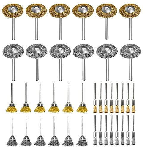 Mini Wire Brush Set for Dremel Rotary Tool Accessories 40 Pcs | Small Drill Steel ＆ Brass Wire Brush Bits, 3mm Shank Wheel Cleaning Metal Brushes for Rust Removal Paint Polishing
