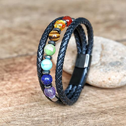 Handgjord natursten läder rostfritt stål herrarmband tre lager läder män armband smycken, A248,19 cm