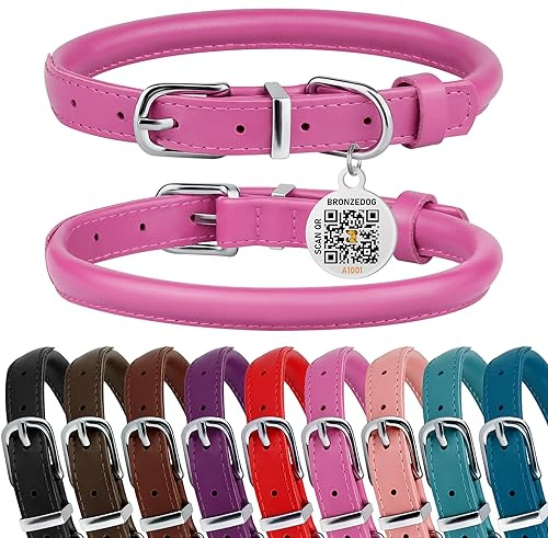BRONZEDOG Hundehalsband aus gerolltem Leder für kleine, mittelgroße und große Hunde mit QR-ID-Tag (Rosa, M: 35-41 cm)
