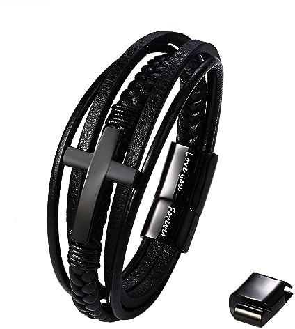 Cupimatch Pulsera de hombre con cruz de cuero negro multicapa de cuero trenzado pulsera de acero inoxidable gótico punk rock brazalete brazalete para novio hermano padre hijo, 22,5 Zentimeter, Cuero
