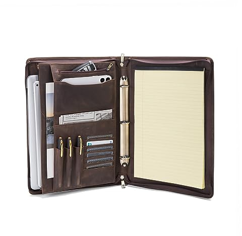 Geslun 3-Ringbuchmappe aus Leder mit Griff, echtes Vollnarbenleder, großes Padfolio mit Reißverschluss, für 8,5 x 14 Zoll (21,6 x 35,6 cm) Rechtsblock und 38,1 cm (15 Zoll) Laptop, dunkles Khaki