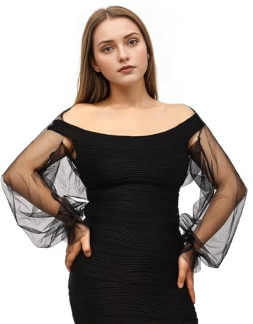 BPURB Boléro Cardigan en Tulle Transparent - Manche Bouffante - Noir - Femme - Col Ouvert - Cardigan - Boléro de Mariée et Fête