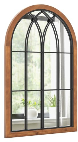 HOMASISEspejo de pared curvado con aspecto de ventana, 60 x 90 cm, decorativo con marco de madera y metal, colgante vintage