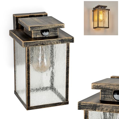 HOFSTEIN Außenwandleuchte Tieva, Außenwandlampe m. Bewegungsmelder aus Metall/Glas in Braun-Gold/Klar/Luftblasenoptik, Wandleuchte im Retro-Design m. Lichteffekt, E27, IP44, Eingangsbereich, Haustür