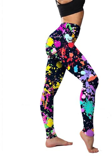 JINGTOPS 80-tals konstnärliga leggings, leggings för fest, tryckta leggings för kvinnor, damtryck, sportbyxor, dam hög midja, leggings, karneval, yoga