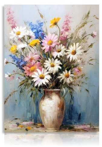 Decorazione da Parete Floreale di Fattoria, Fiore Fresco Colorato Margherita in Vaso, Poster Vintage Rustico Fiore Stampe su Tela per il Soggiorno Camera da Letto Bagno 30x40 cm Senza Cornice