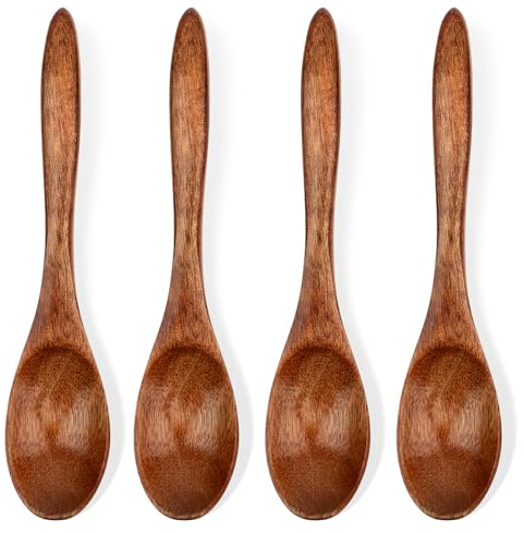 Jeffdad Honiglöffel Holz, 4 Stück Handgefertigter Holzlöffel Klein Natürliches Nanmu Suppenlöffel Mischen Rühren Kochen Wooden Spoon für Heiße Schokolade Honig Kaffee Tee Küchenzubehör (4 Stück Braun)