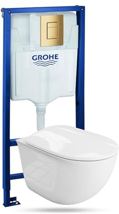 LAVITA Elemento de pared Solido + pared colgante Vito blanco sin borde + asiento de inodoro de cierre suave | botón dorado | juego completo | cisterna empotrada | inodoro completo