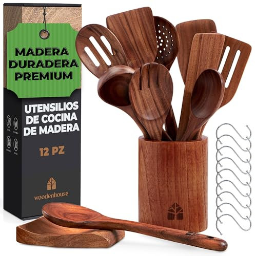 Ustensiles de Cuisine en Bois - Ensemble Premium en Teck de 12 Pièces avec Cuillère en Bois et Spatule, avec crochet, pot à couverts, repose-cuillère – Résistants à la chaleur et anti-rayures