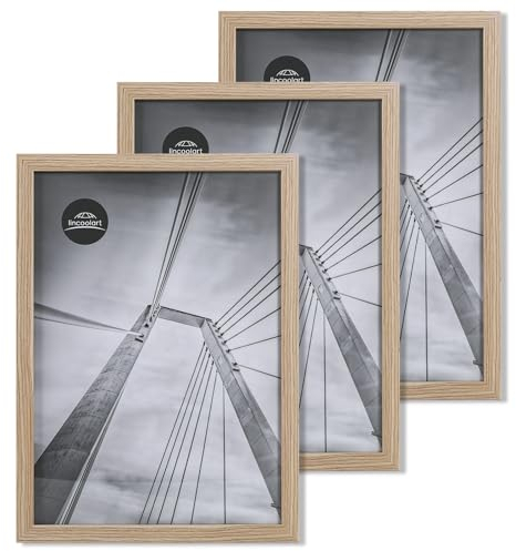 lincoolart Lot de 3 cadres photo, 40 x 60 cm, en chêne MDF avec verre acrylique incassable, pour affiche, photos et décoration murale