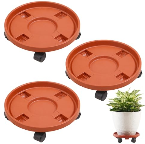 Hggzeg Paquete de 3 bandejas para plantas con ruedas, carrito resistente a la corrosión, soporte redondo para plantas en macetas para interiores y exteriores, herramientas de jardín (30 cm)