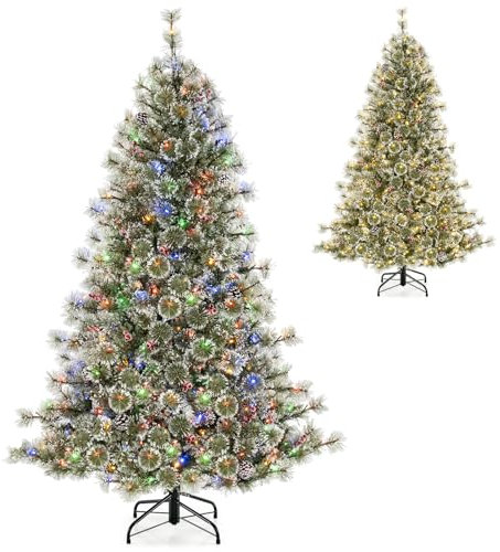 GYMAX Árbol de Navidad Artificial de 180 cm, Árbol de Navidad con Luces Integradas, 598 Ramas, 350 Luces LED Multicolor y Blancas, 9 Modos, 42 Bayas Rojas y Piñas Nevadas