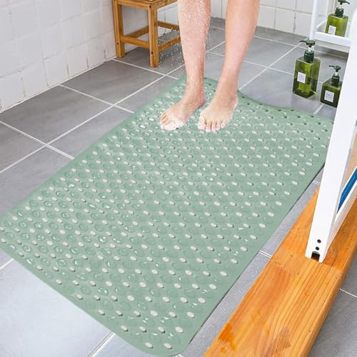 Non Slip Bath Mat - Extra Long Anti Mould Rubber Shower Mat - Machine Washable Bathroom Floor Mats with Strong Suction Cup - Green - 40 x 70 cm