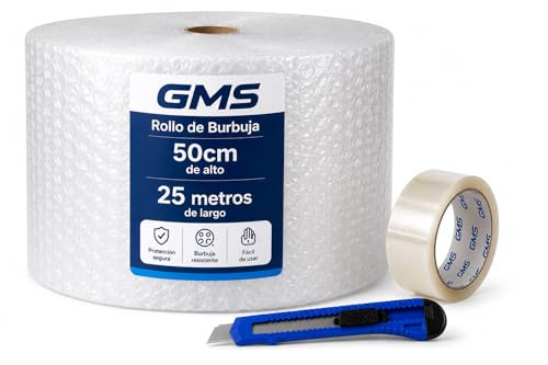 GMS - Rollo Burbuja 50cm x 25m + Cutter + precinto - Rollo Burbuja Mudanza - Rollo Burbuja Embalaje - Burbuja Mudanza, Envio y Embalaje - Papel Burbuja (50cm x 25m+Cutter+Precinto)