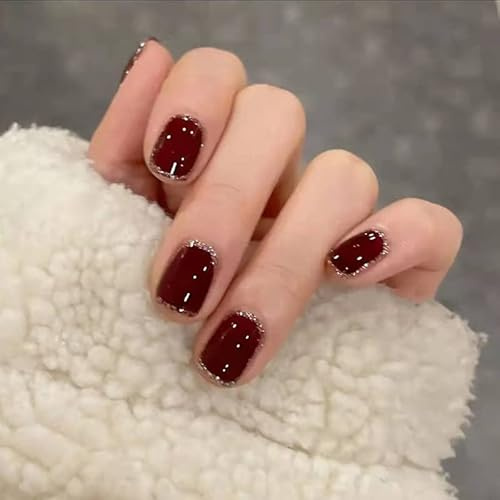 Lot de 24 faux ongles courts bordeaux à presser avec bord pailleté - Colle amovible - En acrylique - Pour femme - Noël et Nouvel An