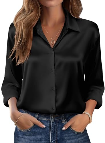 Zeagoo Damen Satin Bluse V-Ausschnitt Langarm Elegant Satinblusen Causal Oberteil Langarmshirt Business Hemd Schwarz S