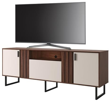 Meuble TV Bar 70 Pouces Noyer et Blanc 3 Portes 4 Niches Pieds Métal L 180 H 64 P 40.3 cm