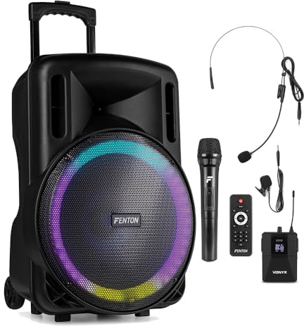 Fenton FT15LED MK2 15 Battery Powered Portable PA System with Bluetooth, Wireless Handheld & Headset Microphones, LED Lighting, Ideal for Fitness Classes, Live Performances & Public Speaking