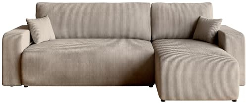 BROMARKT Ecksofa mit Schlaffunktion Kissen und Bettkasten L-Form Beige | Schlafsofa mit Bettkasten 244x148x82cm Sofa Couch Sofabett freistehend Cord 3 sitzer Eckcouch für Wohnzimmer PUMI L