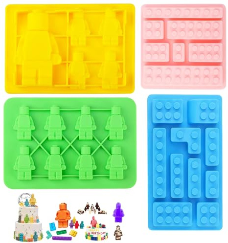 4pcs Lego Cake Topper, Chocolate Mould Jelly Moulds for Children, Lego Cake Decorations, Sweet Moulds for Baking, Party, and Everyday Use, Silicone Material in Yellow, Green, Blue, Pink