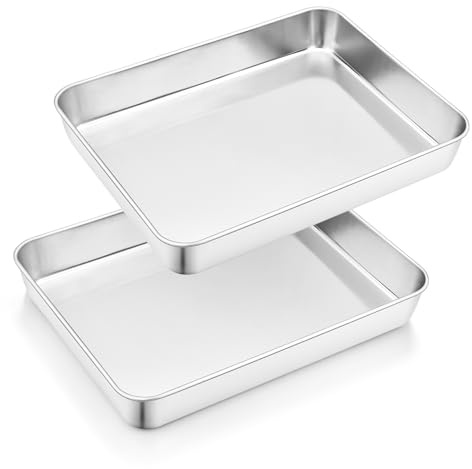 Herogo Deep Baking Tray Set of 2, Stainless Steel Oven Tray, 26.6x20x5 cm | Rectangle Metal Baking Tin Pans for Brownie Lasagne, Healthy & Non-Toxic, One-Piece Leak-proof, Dishwasher Safe, 5cm Deep