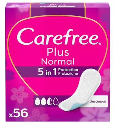 Carefree Salvaslip Plus Normal Senza Profumo, Salva slip donna con protezione 5in1 per 8h di sensazione di asciutto, Assorbenti senza profumo ultra sottili per uso quotidiano, 56 salvaslip