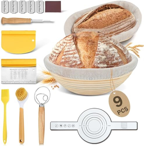 BEWOS Sourdough Bread Banneton Proofing Basket Set of 9-25cm Oval & 23cm Round Bread Rising Basket with Liner, Natural Rattan & Non-Stick, Includes Dough Scraper & Brush