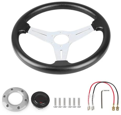 Volante Sportivo Auto, Volante a Calice Volante da corsa in pelle PU 350 mm e 14 pollici lega di alluminio for auto sportive alla deriva, stile Deep Dish(Silver)
