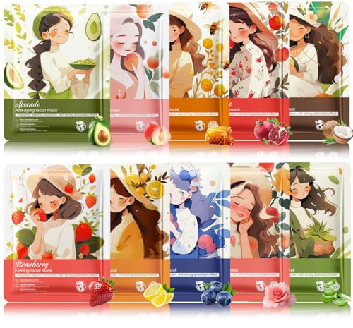10PCS Tuchmasken Gesicht - Gesichtsmaske Frauen - Gesichtsmasken Set Teenager Mädchen Geschenke - Feuchtigkeitsspendende Tuchmaske Kinder - Anti-Aging Face Mask - Masken Beauty Set Mädchen