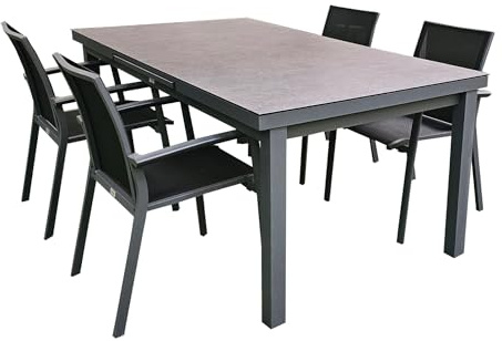 ZENIT ENERGY 5-TLG. Alu Gartenmöbel Set Esstischgruppe anthrazit ausziehbarer Tisch mit stapelbaren Stühlen