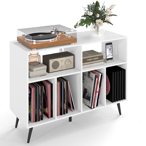 COSTWAY Record Player Stand with Charging Station, Turntable Stand End Sofa Side Table with 6 Open Shelves & 5 Metal Legs, Albums Vinyl Record Storage Cabinet Holder for Living Room (White)
