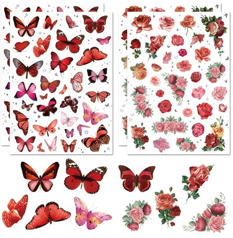 Auroriel 4 Blätter mit Blumen und Schmetterling Aufklebern, ideal für Kinder und Erwachsene, Frühlings-Themen Scrapbook Stickers, Aufkleber Set für DIY Dekoration（ Rote）