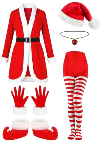 Qiwieod Santa Claus Verung Funny Costume Christmas Outfit with Bell Chain, Christmas Stockings and Boots, for Women, Cosplay, Holiday, Holiday, Event, Parade