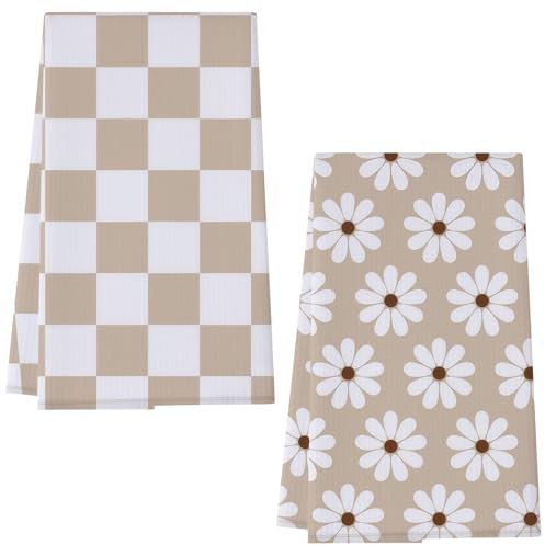 Vesavifaka 2 Stück Geschirrtücher, 60x40 cm Küchenhandtücher Mit Aufhängeschlaufe, Wiederverwendbare Saugfähige Geschirrhandtücher Im Boho Modern Retro Design, Beige Karo Blumen